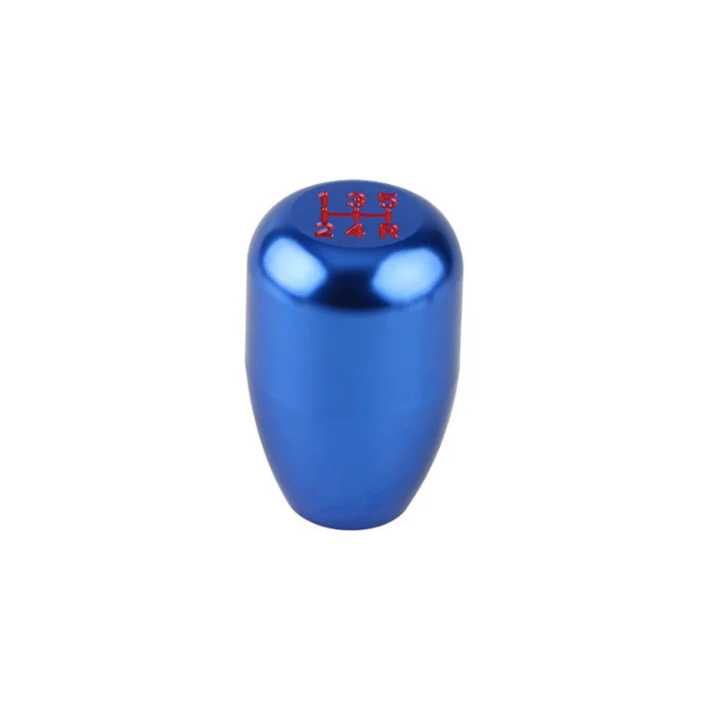 A blue universal aluminum gear shift knob with red markings for manual transmissions.