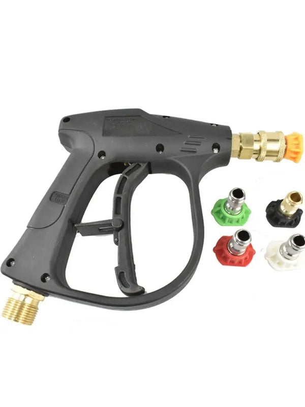 A black high pressure washer gun with various colored tips attached.