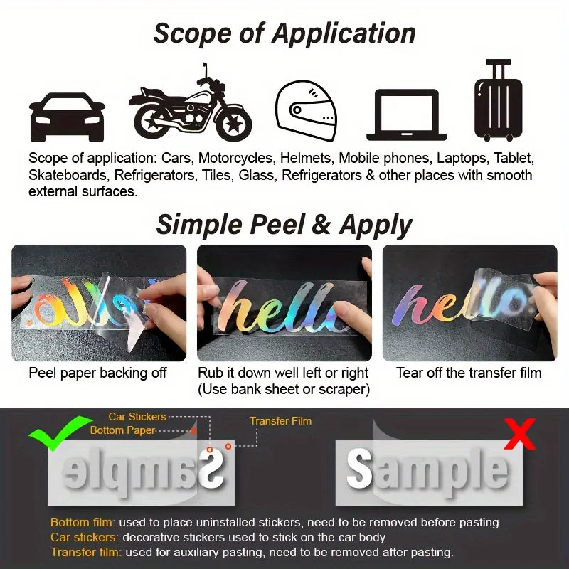 Instructions for applying waterproof wolf car decals, showing peel and apply steps.