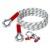 A coiled heavy duty vehicle towing rope with red connectors and silver clasps.