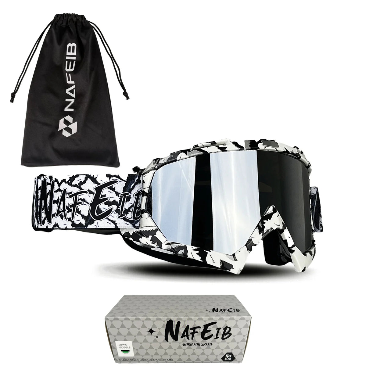 A pair of black and white multi-color noseless motorcycle goggles shown next to its packaging box.