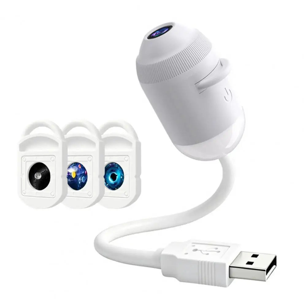A white projector night light with a touch control feature and a flexible cord.