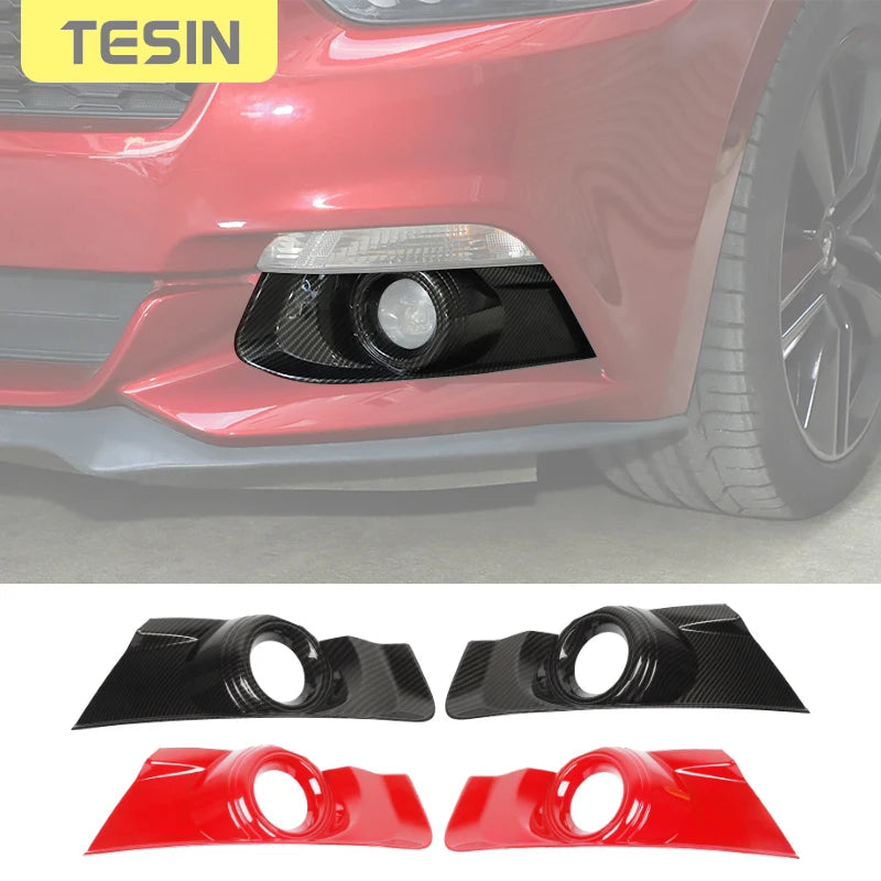 Piezas de moldura del parachoques delantero y luces antiniebla de fibra de carbono en rojo y negro para un Ford Mustang