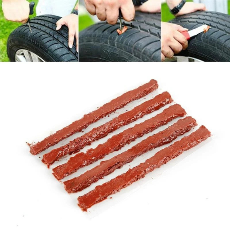 Red natural rubber tire repair strips laid out on a white background.