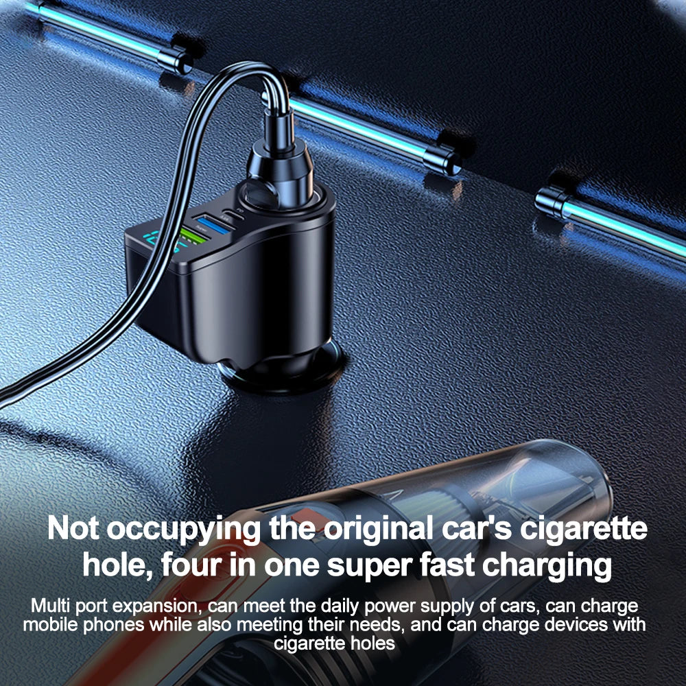 A black multi-port car charger adapter with a cable is shown against a dark surface.