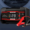 A black 12V universal multi-function battery charger with a digital display and various connection ports.