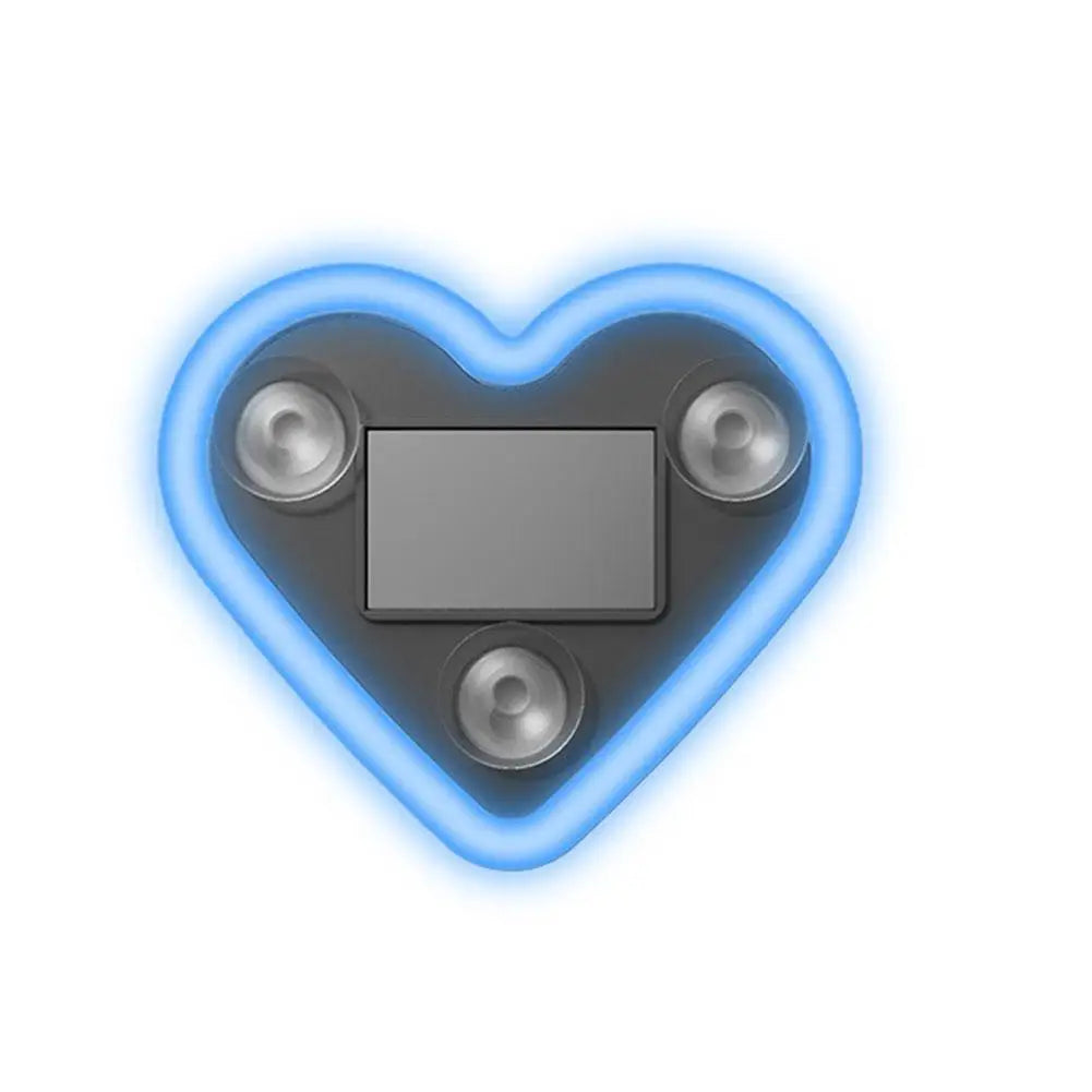A heart-shaped neon light featuring a rectangular window and surrounding glowing blue trim.