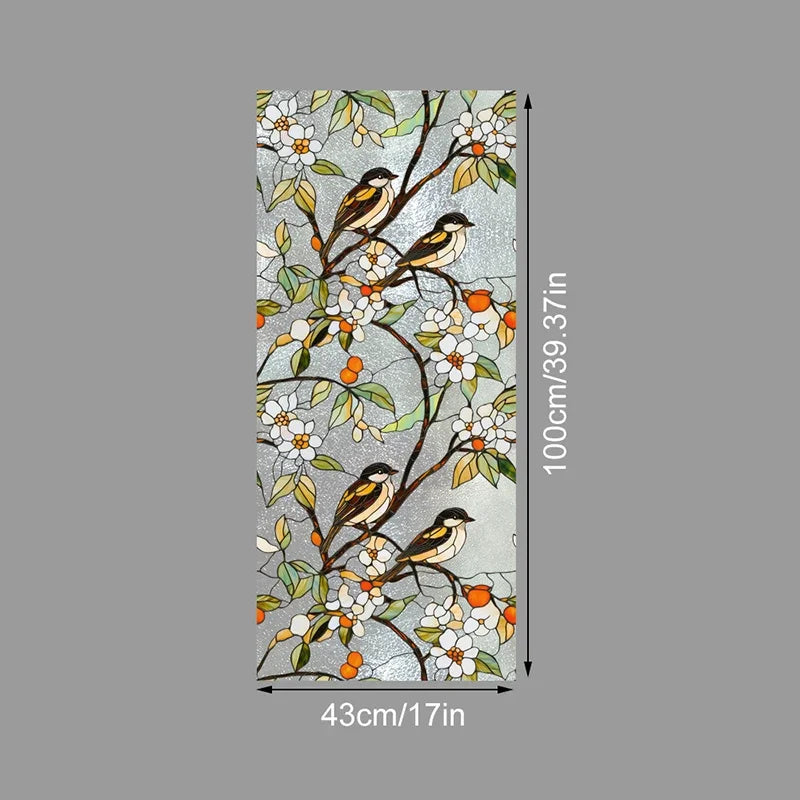 Decorative PVC stained glass window film featuring birds and floral branches on a gray background
