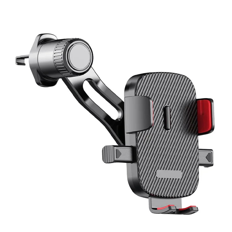 A black universal car phone mount with a gravity lock mechanism.