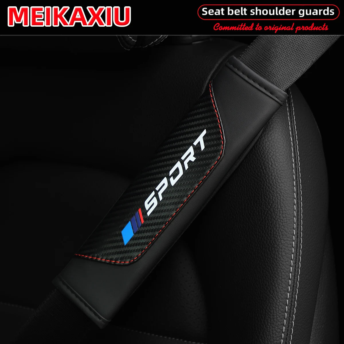 Black PU leather carbon fiber seat belt shoulder guard for a car seat.