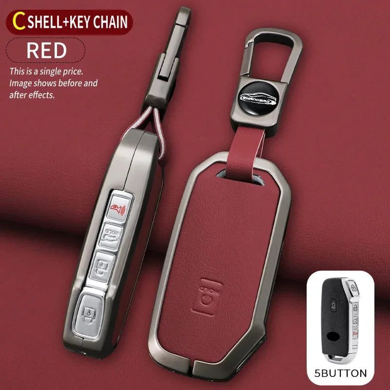 A red shell and key chain with a durable zinc alloy fob cover for Kia vehicles, shown in a close-up view.