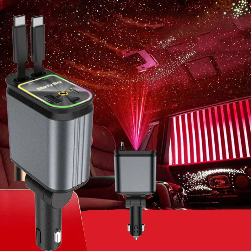 Ein 4-in-1 Auto-Ladegerät mit ausziehbarer Kabel und Starlight-Funktion in roter Auto-Innenausstattung.