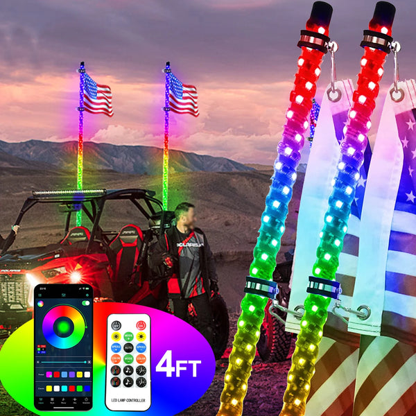 RGB chasing light whip with American flag design illuminating an off-road vehicle.