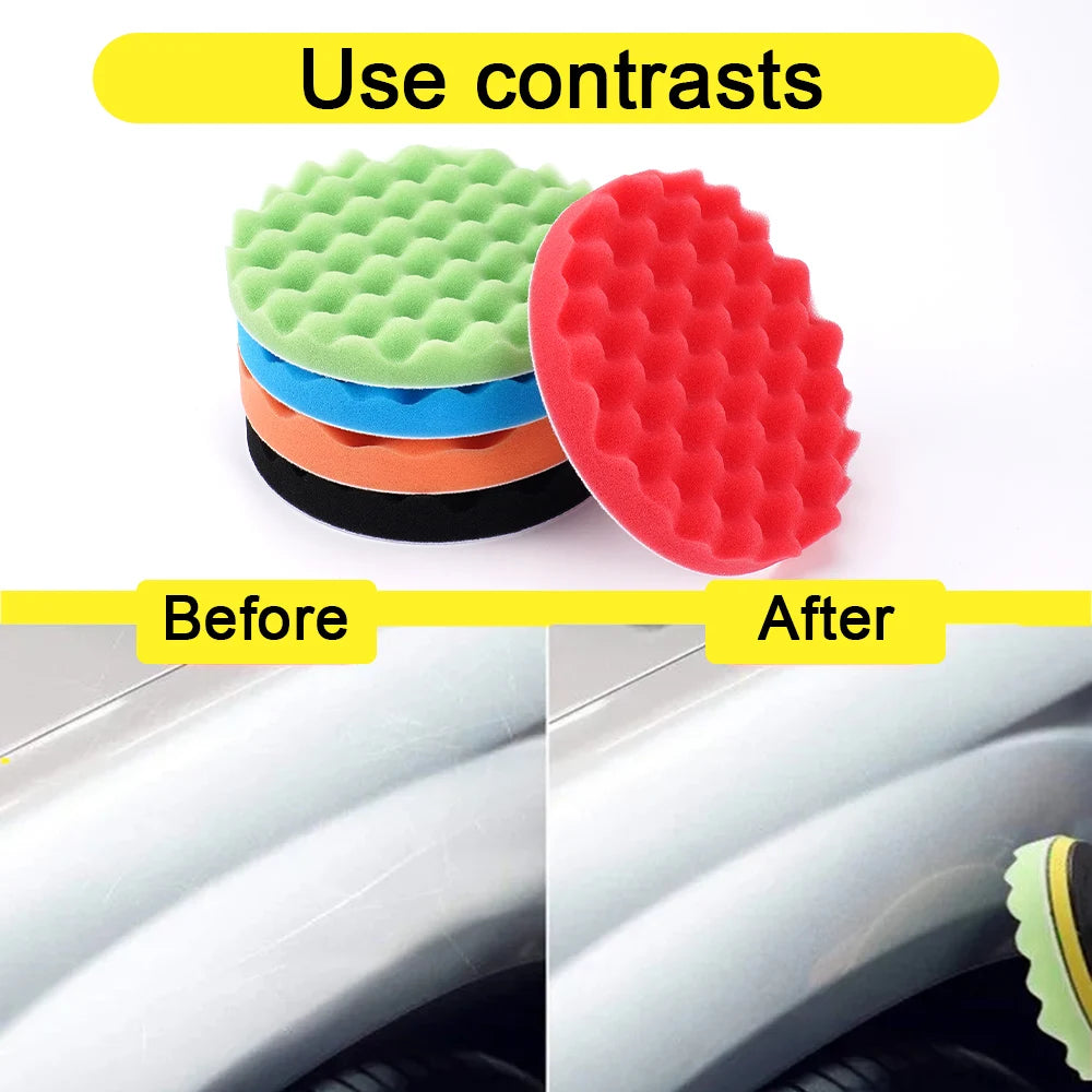 Juego de almohadillas de espuma para pulir coches de varios tamaños y colores, mostrando resultados antes y después en la sup