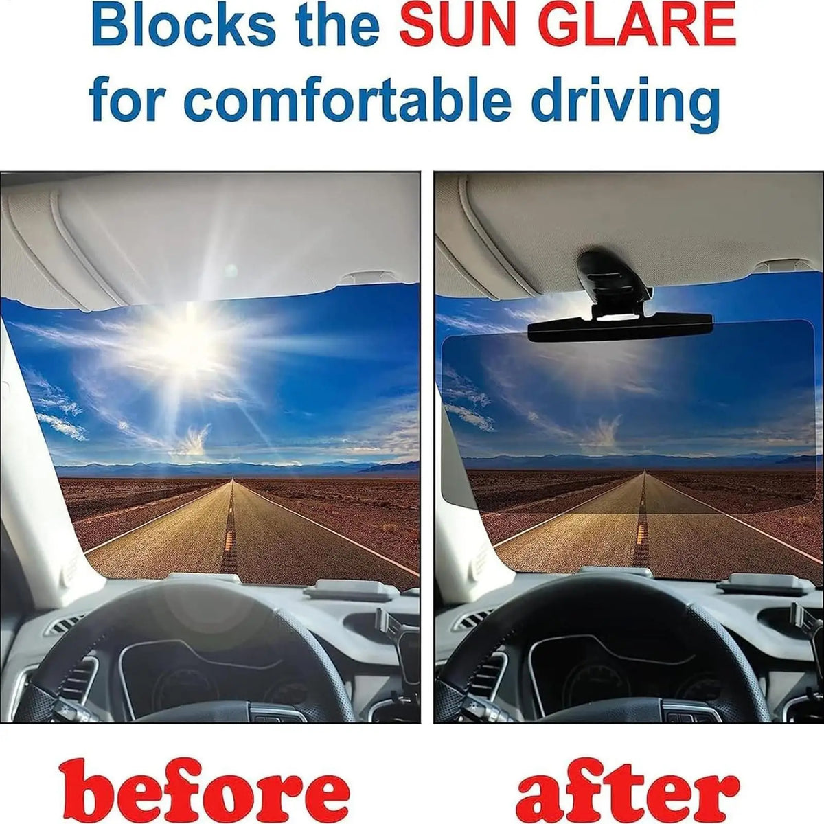 Comparación antes y después: bloqueo de deslumbramiento solar para una conducción cómoda.