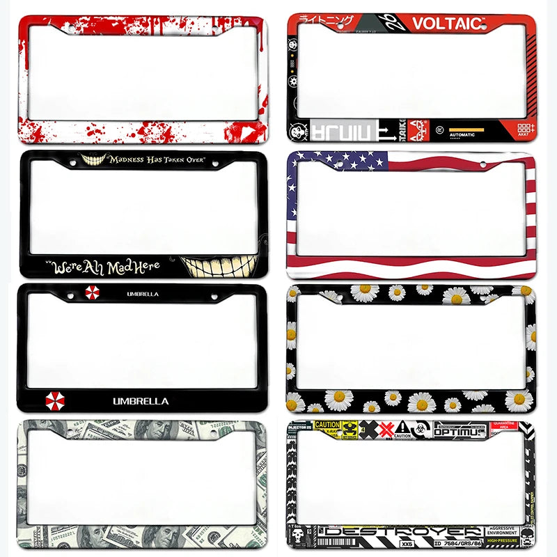 A collection of various license plate frames featuring different designs and themes.