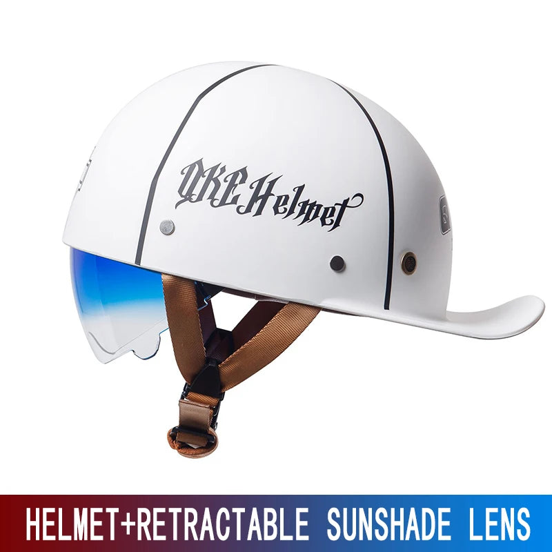 White half helmet with a retractable sunglass lens attached for protection