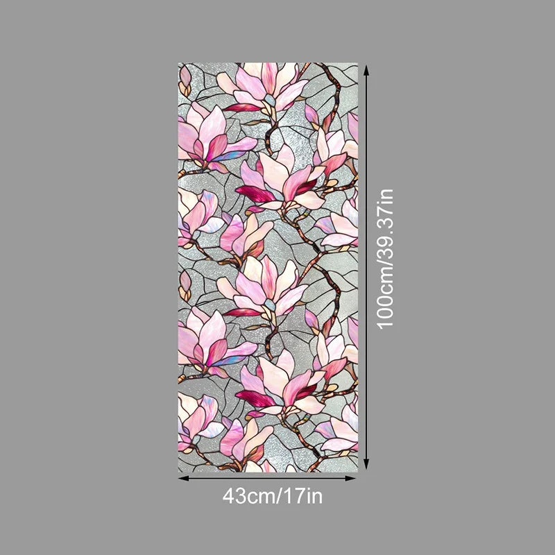 Decorative PVC stained glass window film featuring pink and white floral patterns on a gray background