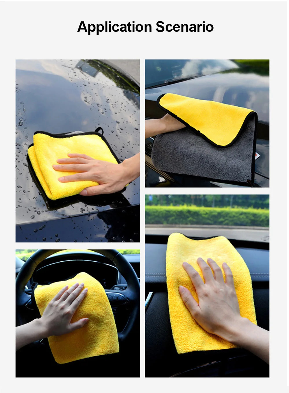 Yellow microfiber car washing towels being used on a car surface and in a car interior.