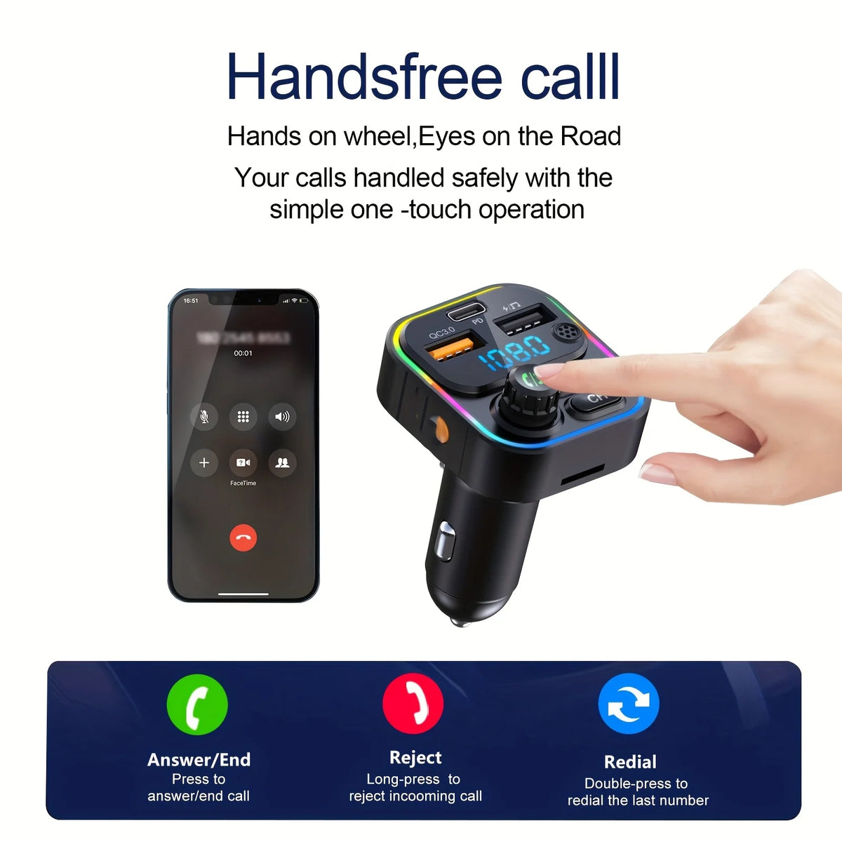 A hand is operating a handheld device used for handsfree calls, demonstrating the one-touch operation.