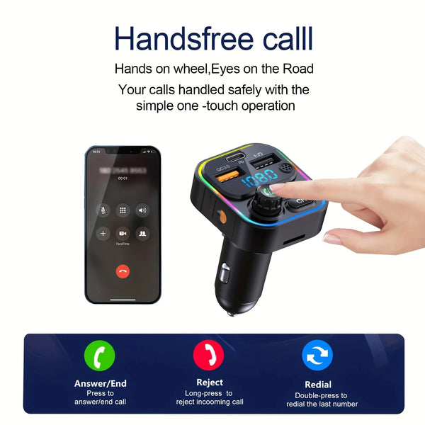 A hand is operating a handheld device used for handsfree calls, demonstrating the one-touch operation.