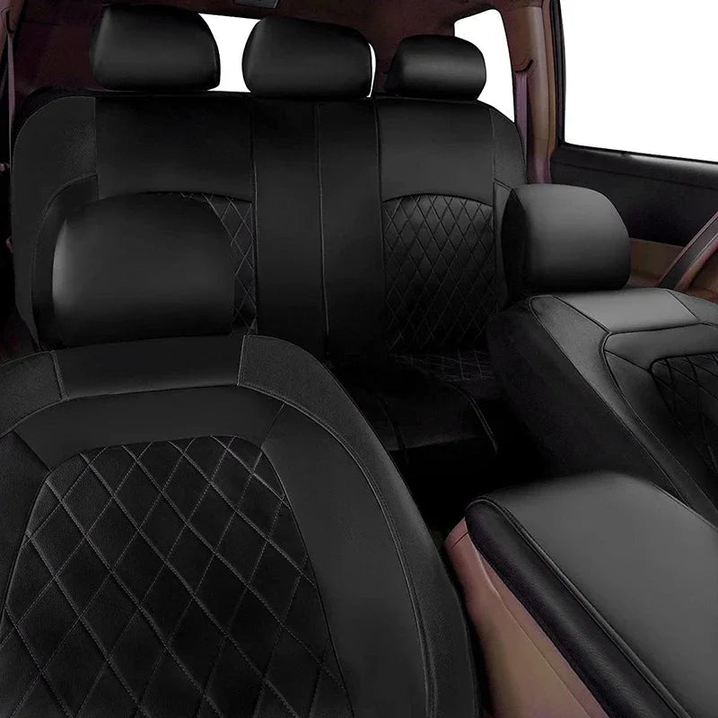 A set of black premium PU leather car covers for a five-seat vehicle interior.