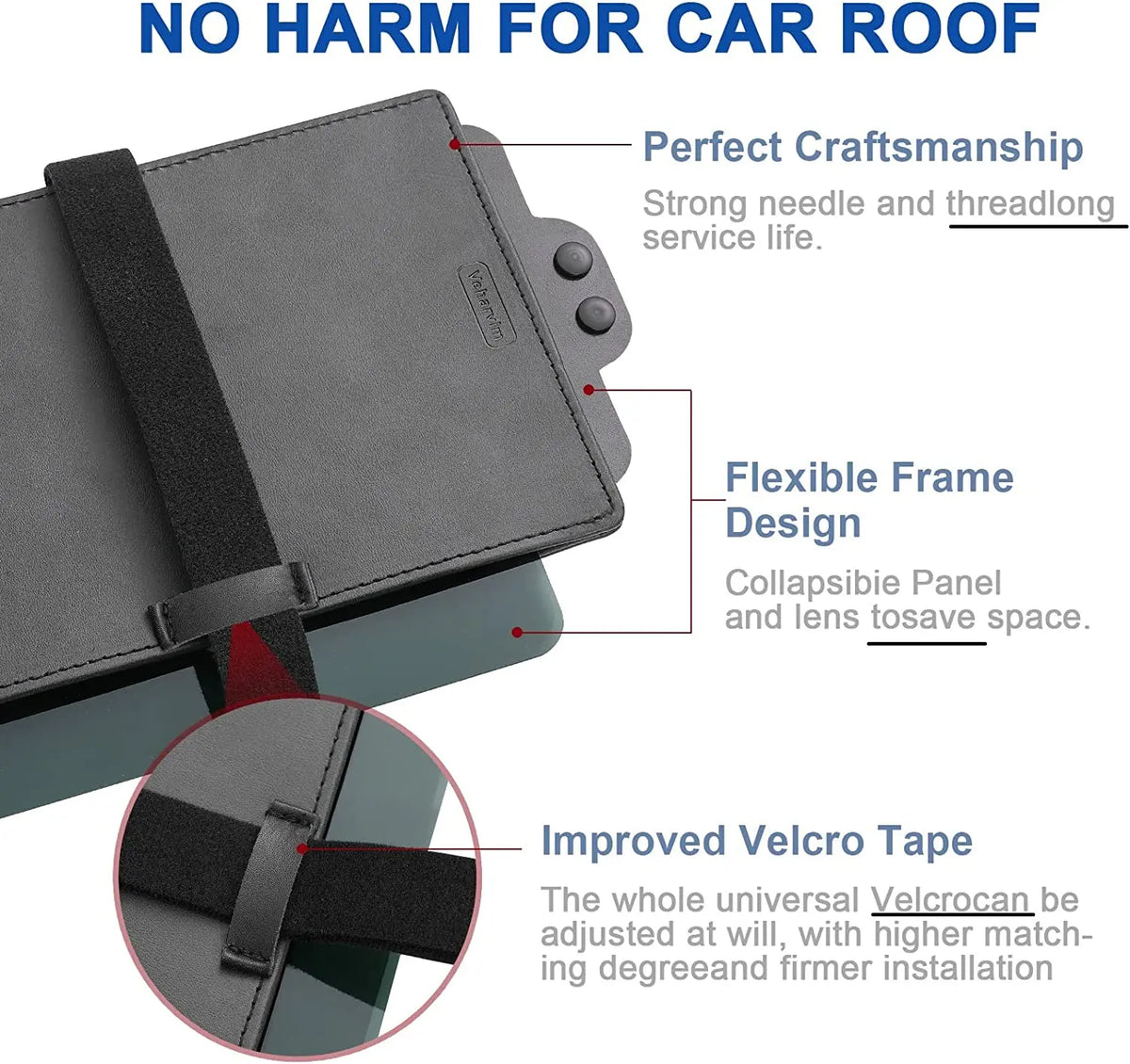 A close-up view of a gray car roof visor extender showing features like strong needle and threadlong service life, flexible f
