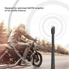 A motorcycle is shown riding on a road with an antenna designed for optimized AM/FM reception.