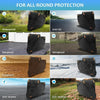 A black all-season motorcycle cover shown in various weather conditions, demonstrating waterproof, anti-UV, windproof, dustpr