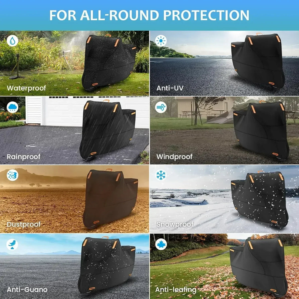 A black all-season motorcycle cover shown in various weather conditions, demonstrating waterproof, anti-UV, windproof, dustpr