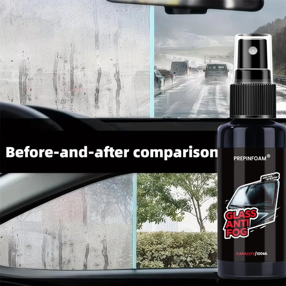 A bottle of Prepinfoam anti-fog glass spray shown with before-and-after comparison shots on a car windshield.