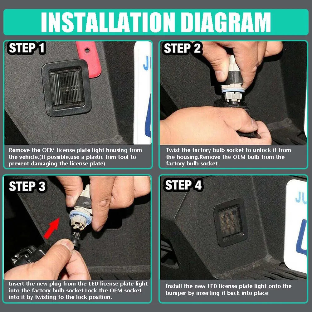 Installation diagram showing four steps to install LED license plate lights on a vehicle bumper.