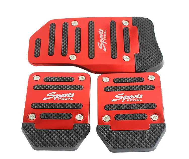 A set of three red and black sports pedal covers for a car pedal.