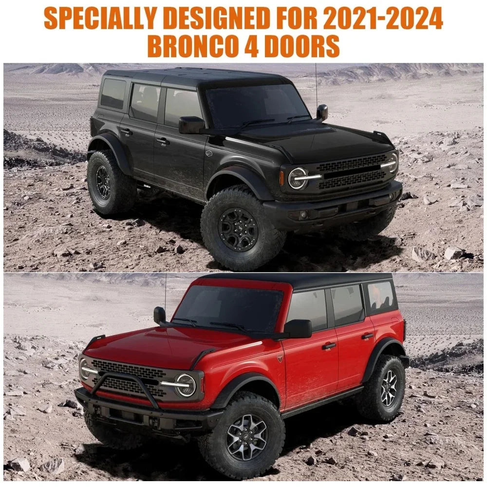 Roter Ford Bronco mit vier Türen in Seitenansicht auf felsigem Gelände.