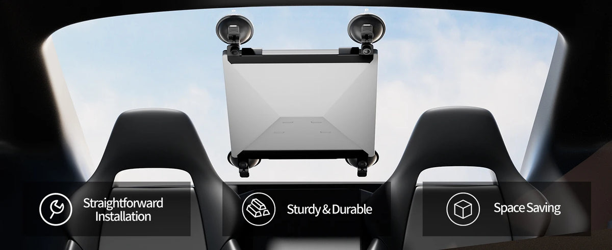 A car suction mount for a Starlink Mini is shown installed in a vehicle's interior, featuring straightforward installation, d