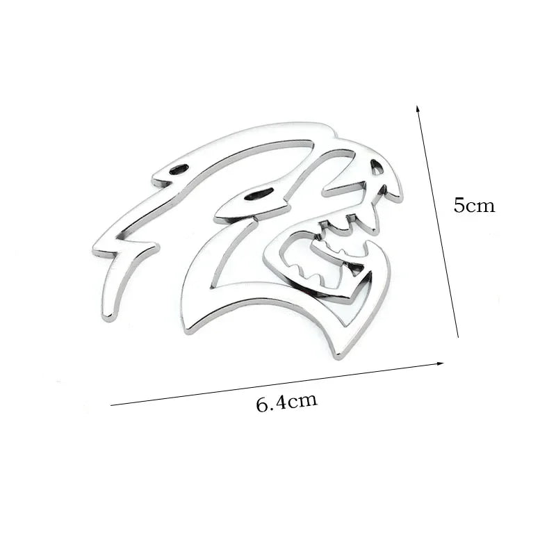 Silver custom car body side emblem for Dodge Charger or Challenger featuring a stylized animal head design