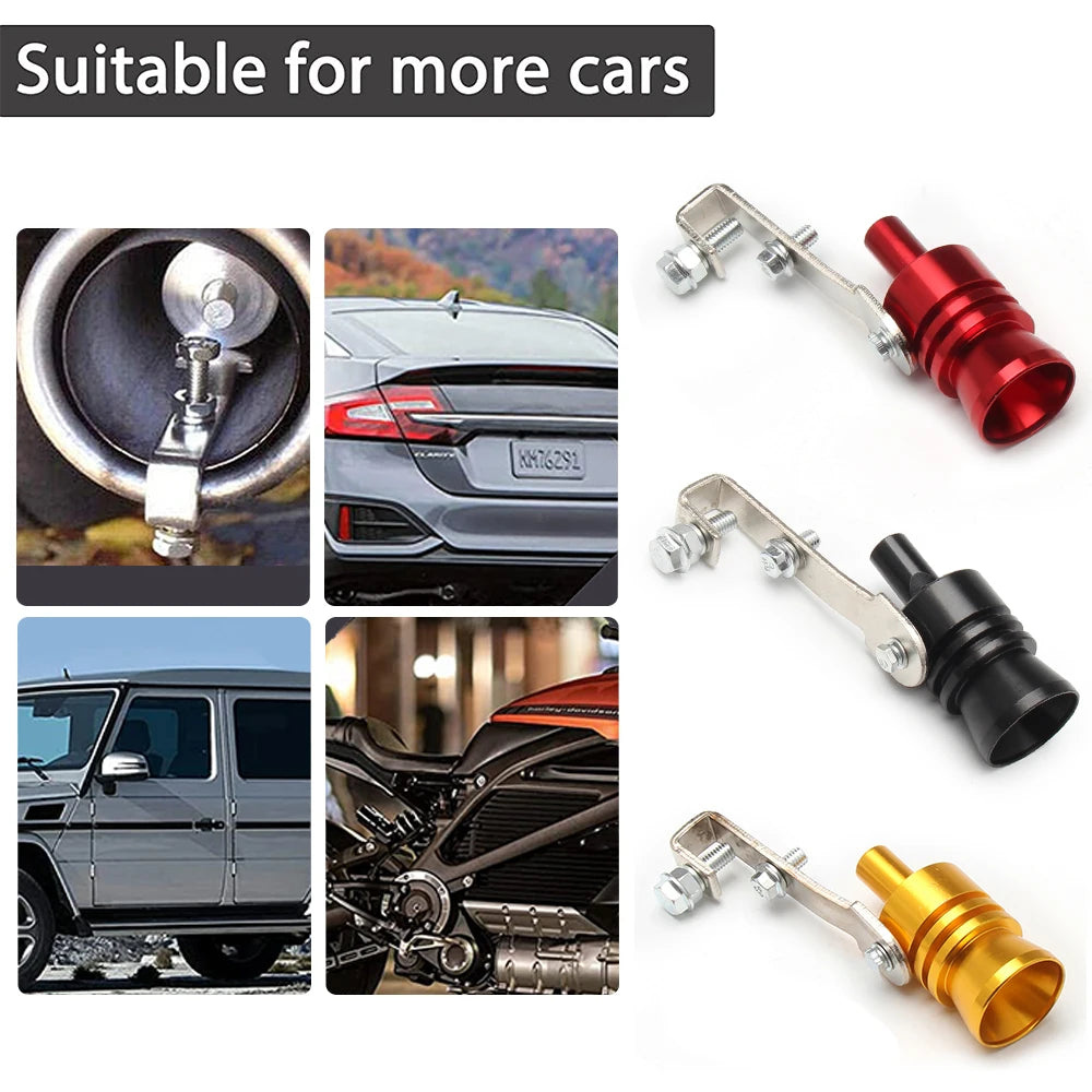 Set of universal turbo exhaust whistles and adapters for various cars and motorcycles