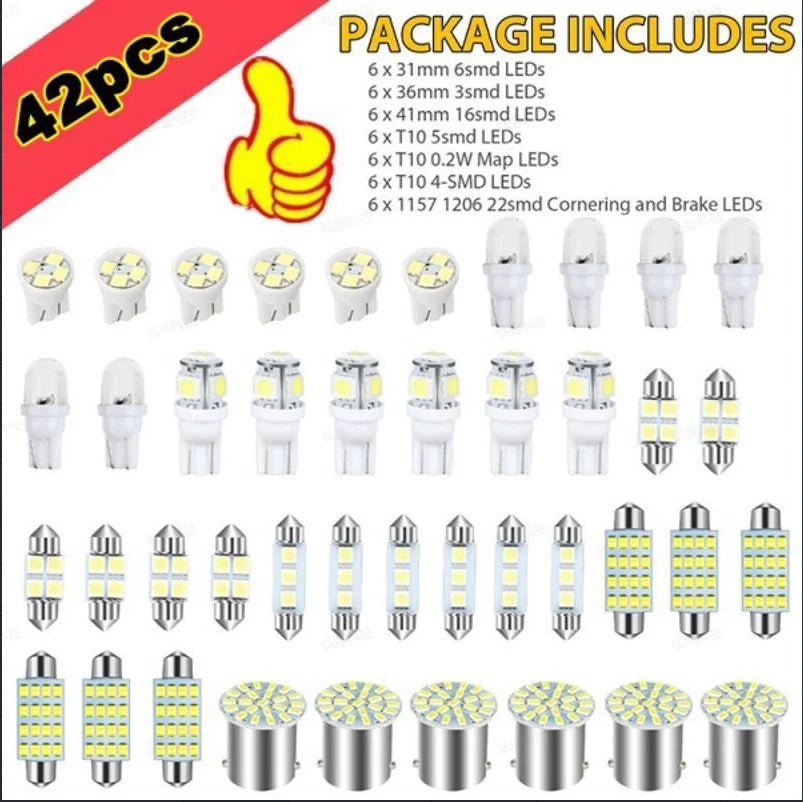 A collection of 42 high-intensity LED car interior bulbs including various sizes and types for automotive lighting.