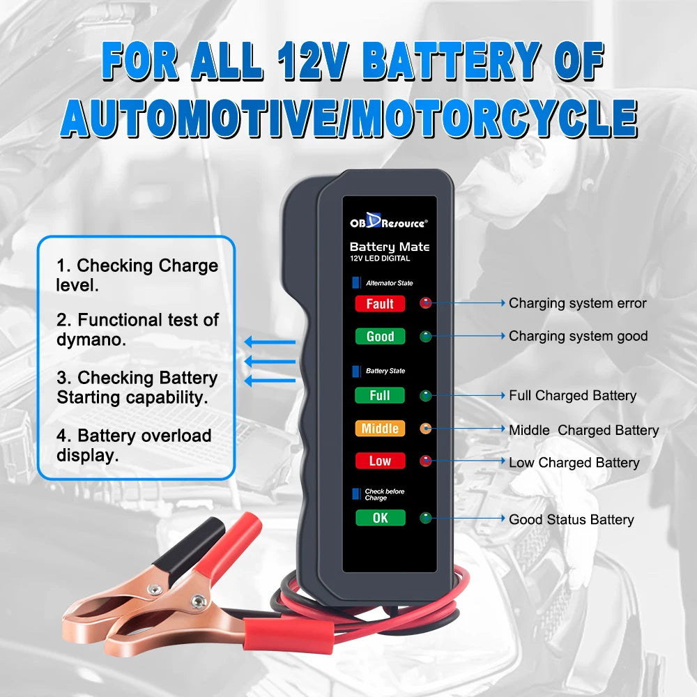 A digital battery and alternator tester with an LED display is shown next to crocodile clamps for automotive or motorcycle ba