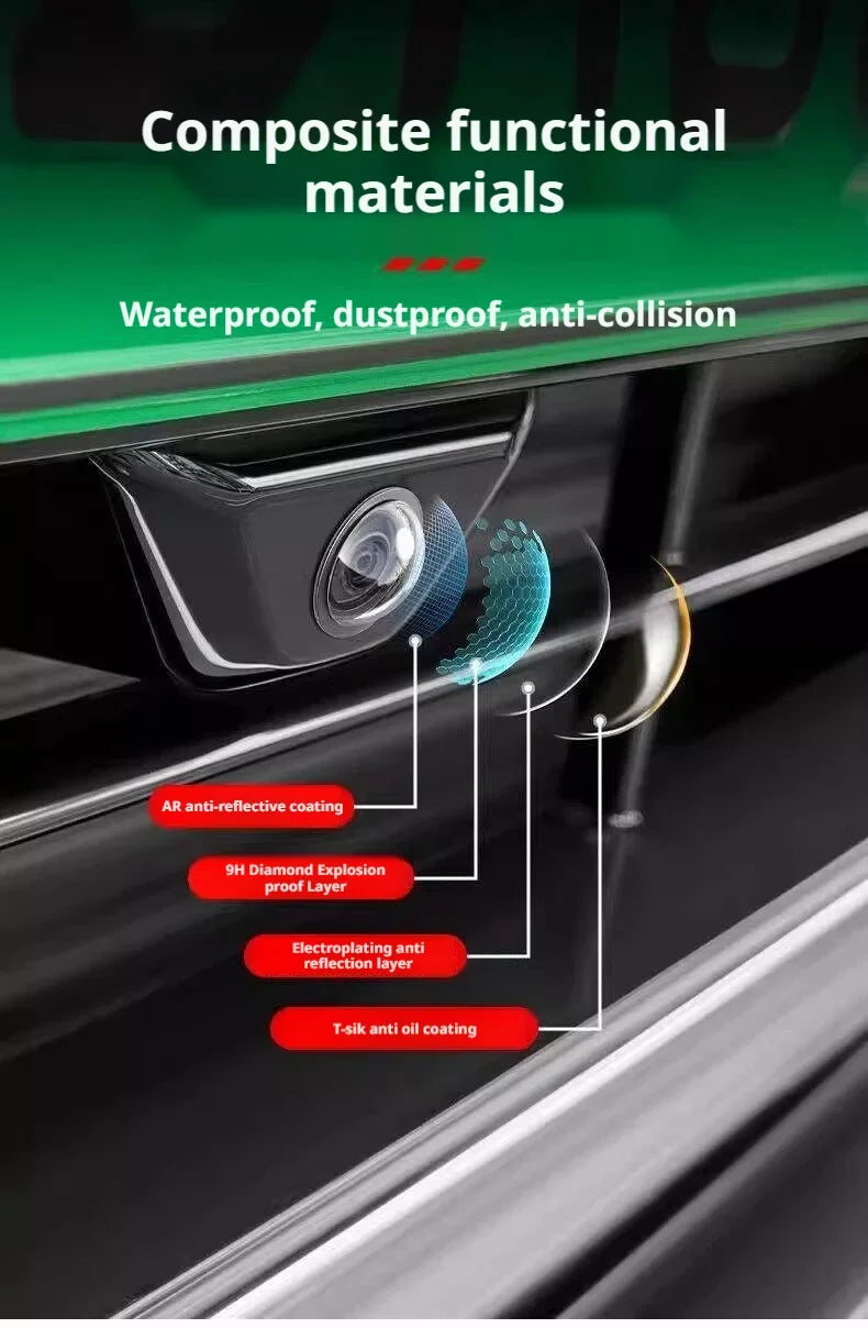 Close-up of a car camera lens protector kit showing various coatings like AR anti-reflective, diamond explosion proof, and T-