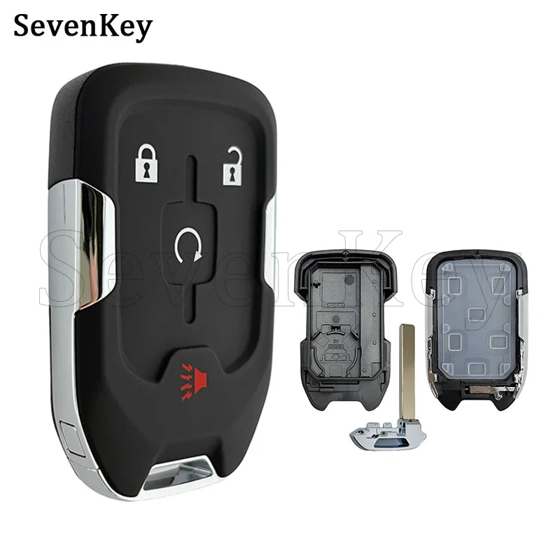 A black replacement smart key fob shell with a silver trim and a separate key blade shown next to it.