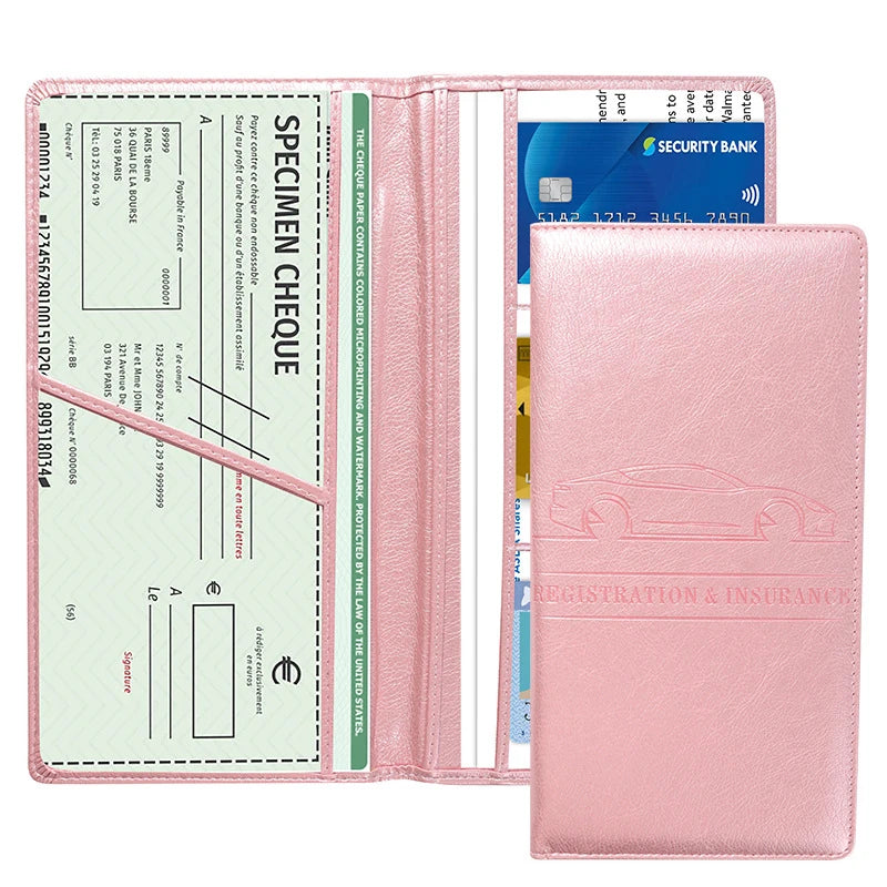 Rosa Leder-Karteikarton mit Prüfcheque und Bankdetails.