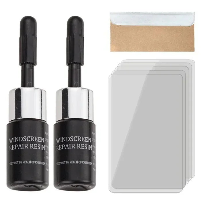 A kit containing a black applicator and a clear resin sheet for windshield and window repair.