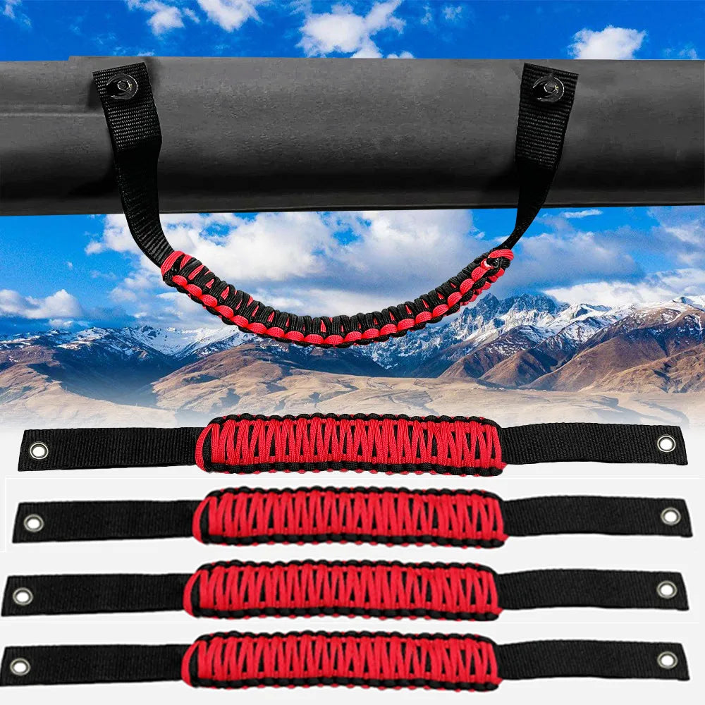 Black and red padded grab handles designed for Ford Bronco roll bars.