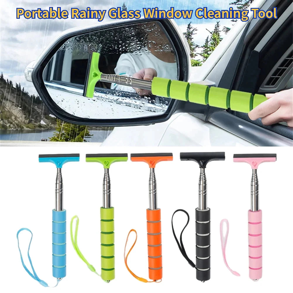 A collection of various telescopic window squeegees in different colors including blue, green, orange, black, and pink.