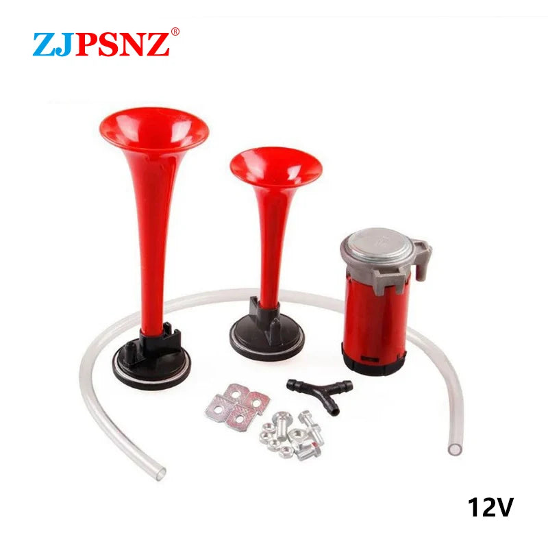 Red air horn kit with compressor and tubing for vehicles
