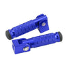 A close-up view of a blue universal motorcycle foot peg and footrest assembly.