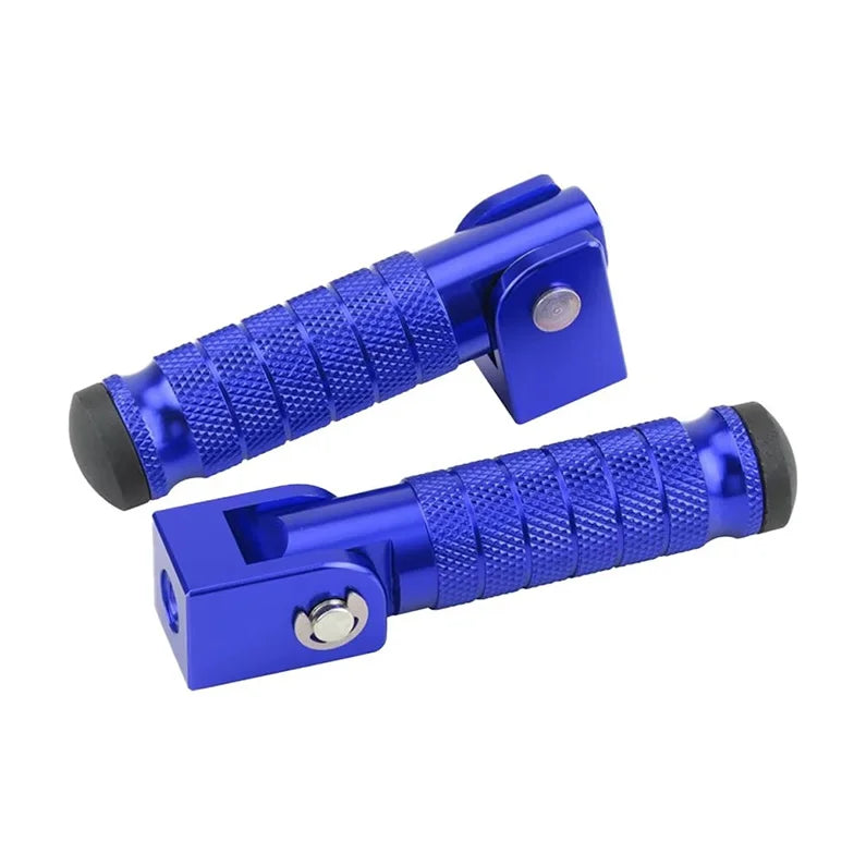 A close-up view of a blue universal motorcycle foot peg and footrest assembly.