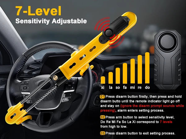 Yellow 7-level sensitivity adjustable steering wheel anti-theft lock with alarm device