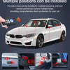 A white BMW car with multiple alarm hosts installed, showing various installation points like the dashboard, mirror, door, an